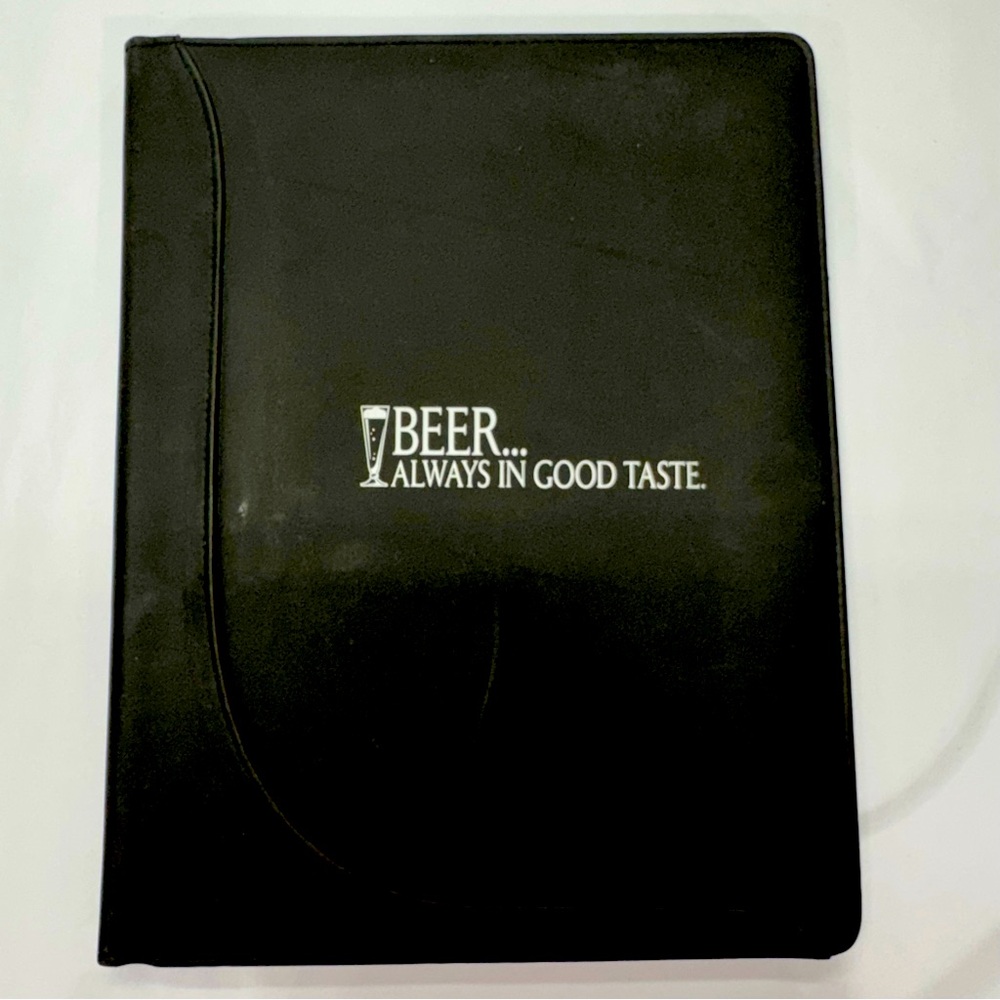 “BEER ALWAYS IN GOOD TASTE” Black Leather Legal Pad Size Pad-Folio Beer Business